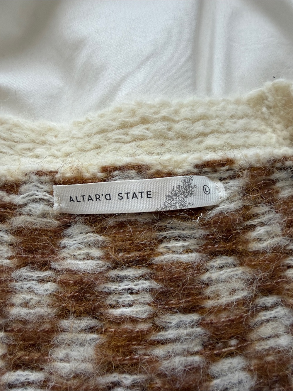 Altar'd State Cream & Brown Checkered Stripe V-Neck Cardigan - Picture 2 of 3